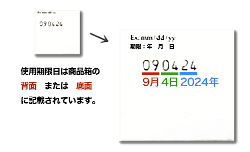 消費期限の見方（箱裏）FINNマリンコラーゲン・サーモンコラーゲン